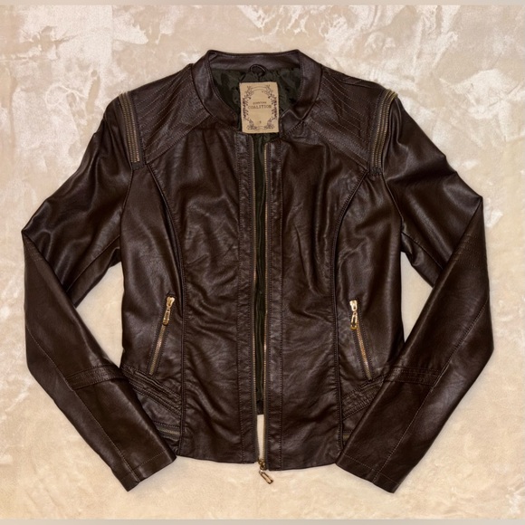 Downtown Coalition Chocolate Brown Faux Leather Moto Jacket w/ Zipper De… - Picture 1 of 3